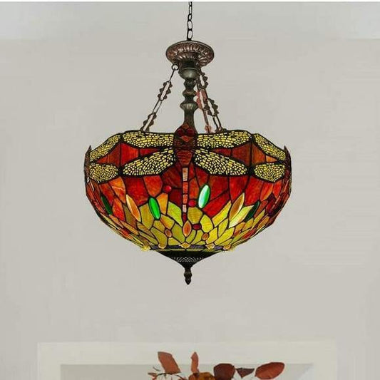 Victorian Style Red Dragonfly Design Stained Glass Hanging Pendant Ceiling Light
