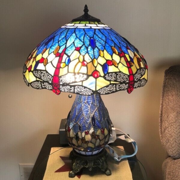 Tiffany Style Dragonfly Victorian Reading Table Lamp Vibrant Blue with Lit Base