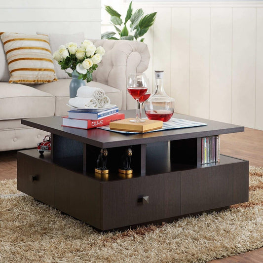 Espresso Finish Contemporary Storage Coffee Table 2-Tiers 4-Drawers 33in