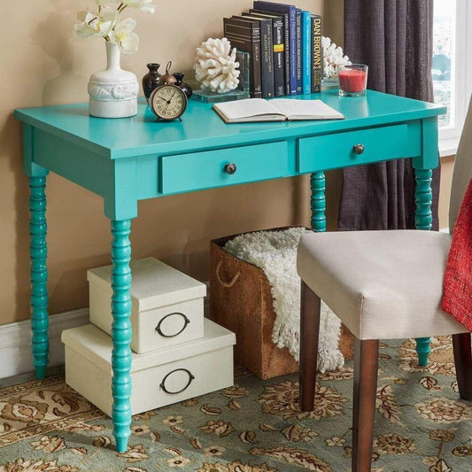 Minimalistic Office Desk Table 2 Drawer Marine Green Finish with Helix Legs