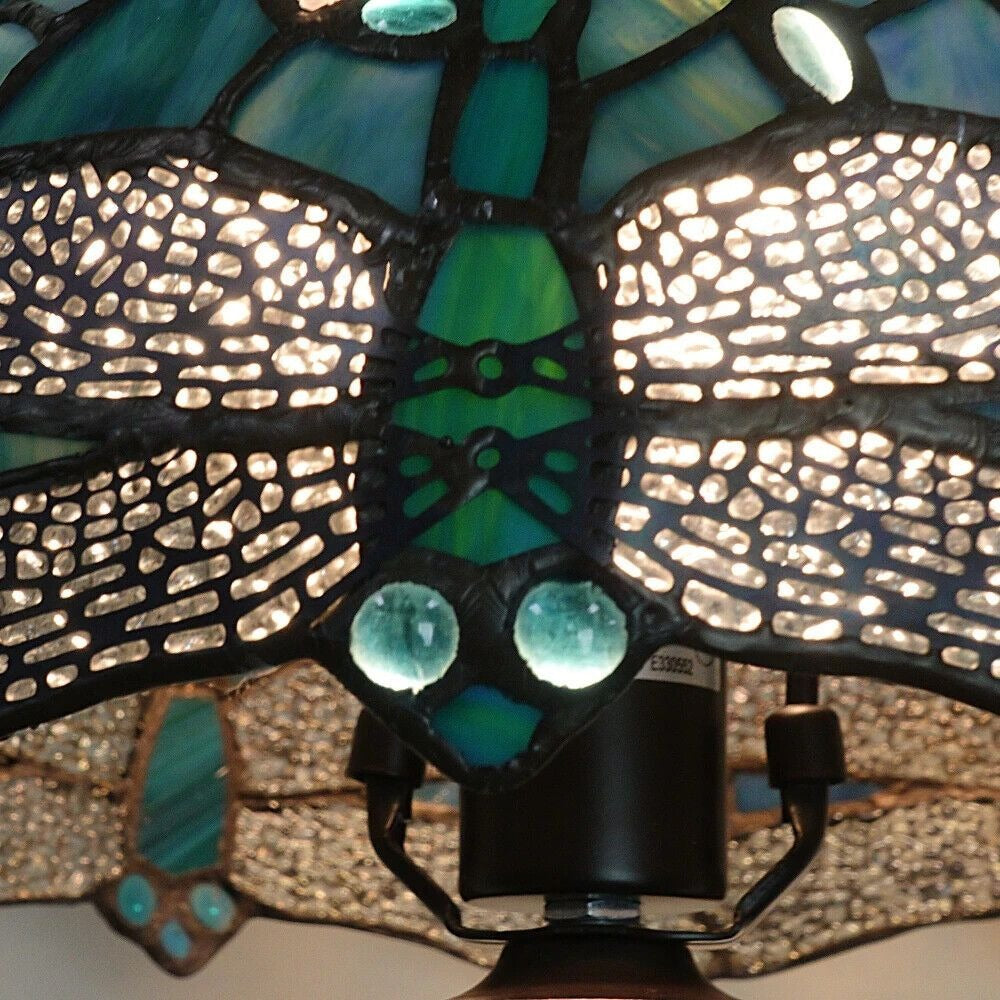 Tiffany Style Dragonfly Table Lamp Green Stained Glass & Bronze Fin Base 18.5in