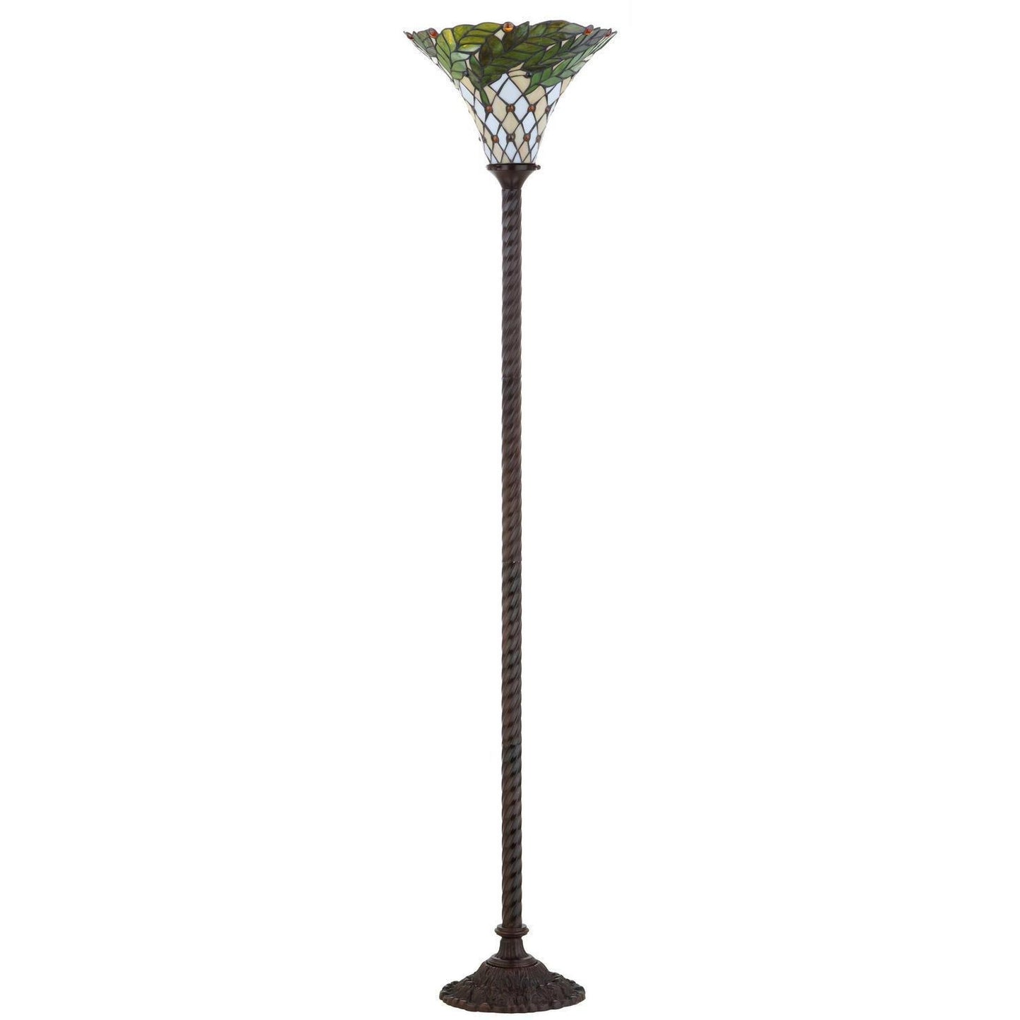 Green and Ivory Twisted Base Tiffany Style Stained Glass Torchiere Floor Lamp