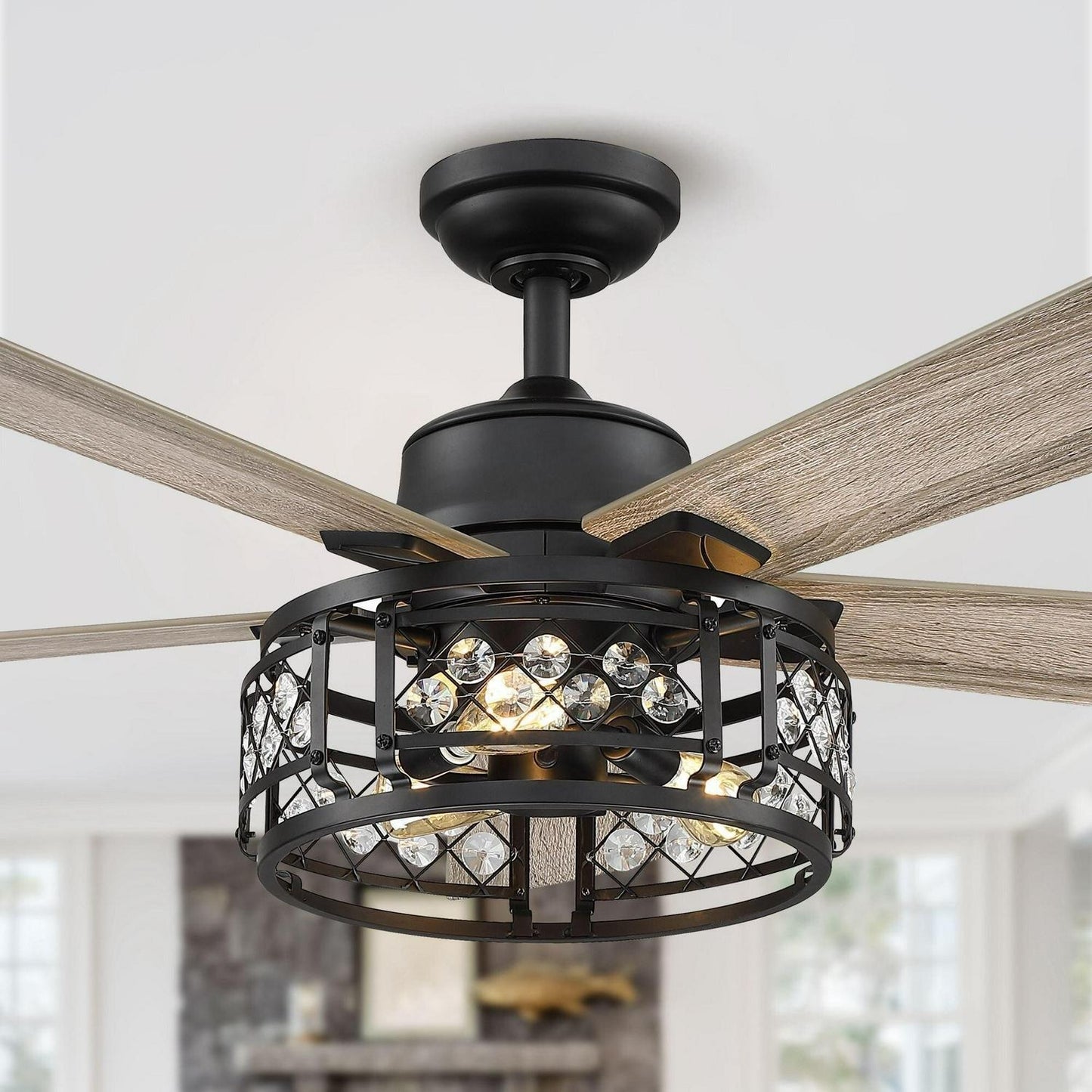 Oak Wooden Caged Light 5-Blade Crystal LED Ceiling Fan with Remote Control