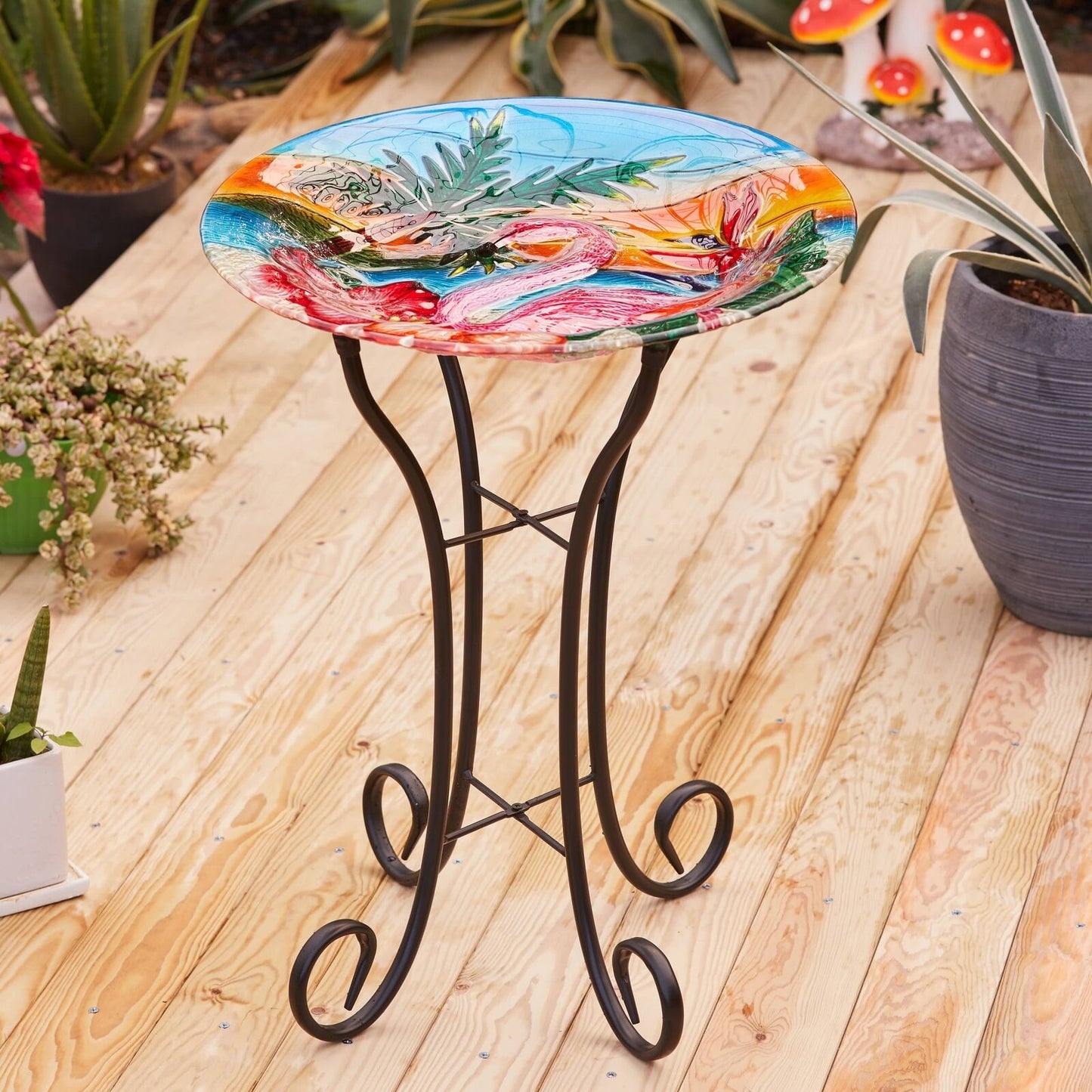 Flamingo Theme Bird Bath with Folding Metal Stand Glass Bowl Birdbath