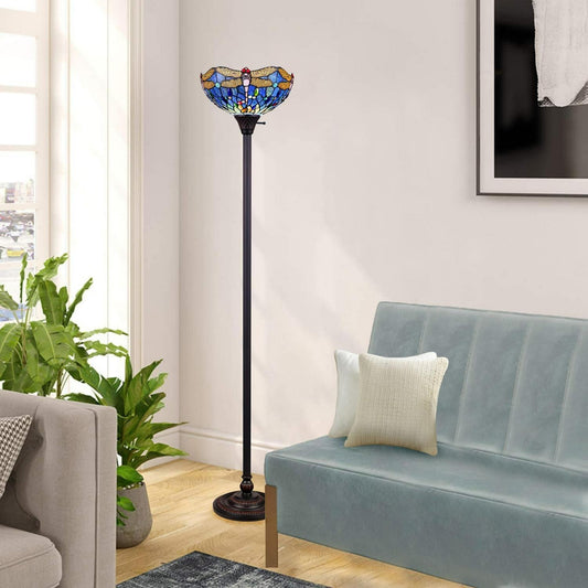Blue Dragonfly Torchiere Lamp Floor Lamp Tiffany Style Stained Glass 69in