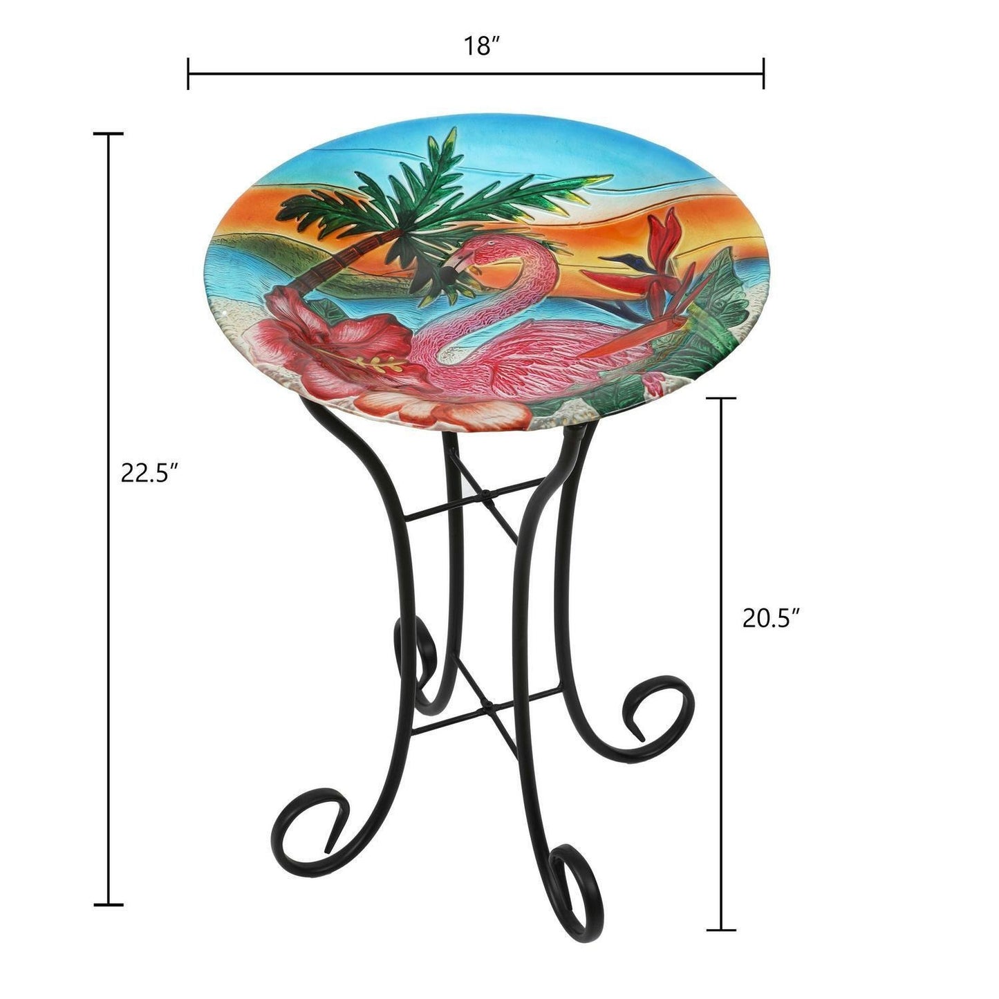 Flamingo Theme Bird Bath with Folding Metal Stand Glass Bowl Birdbath