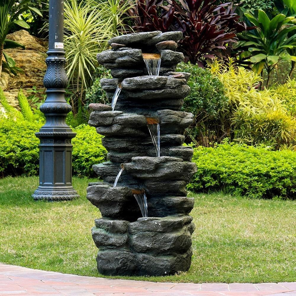 Serene 6-Tier Rock Cascading Water Fountain For Backyard Decor: LED Lit, 40inT