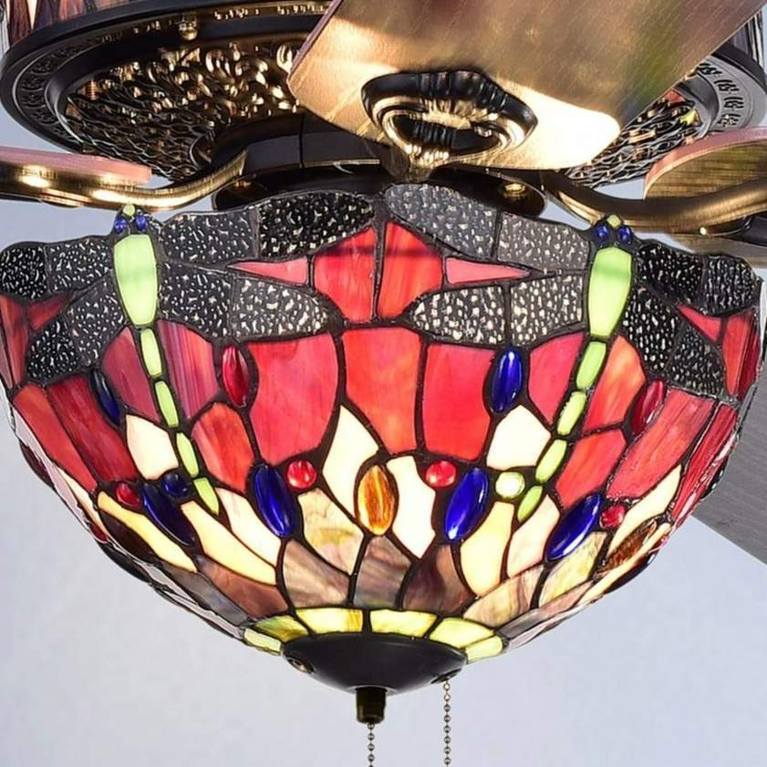 Tiffany Style Red Stained Glass Jeweled Dragonfly 6-Light 5-Blade Ceiling Fan