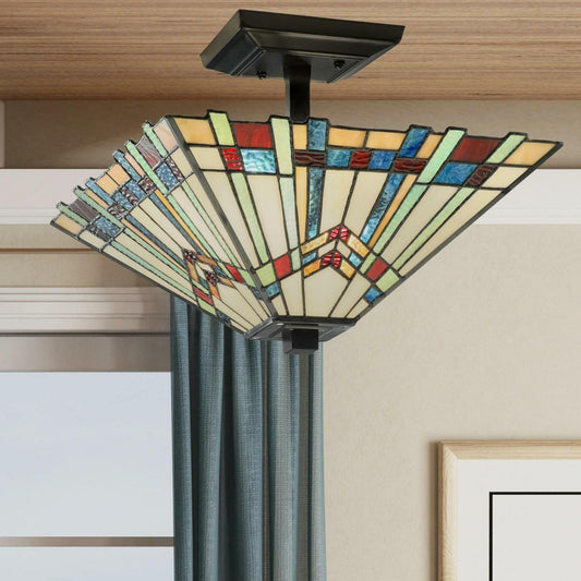 Multicolor Stained Glass Semi-Flushmount Ceiling Mission Style Light