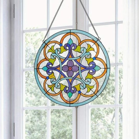 Multicolored Round Floral Stained Glass Window Panel Suncatcher