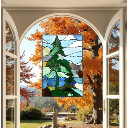 Pine Themed Tiffany Style Stained Glass Panel Suncatcher in Green and Blue 13x20