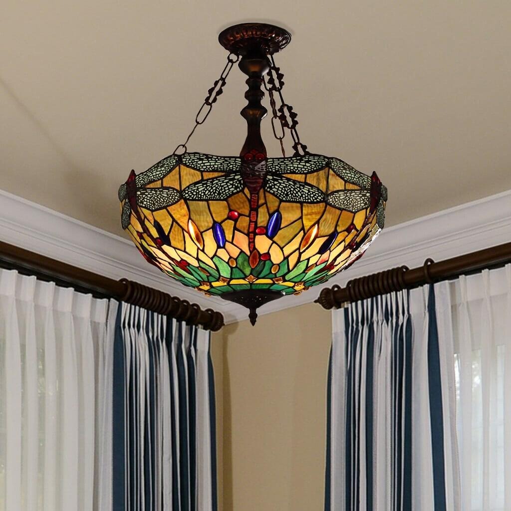 Dragonfly Design Victorian Hanging Tiffany Style Stained Glass Pendant Light