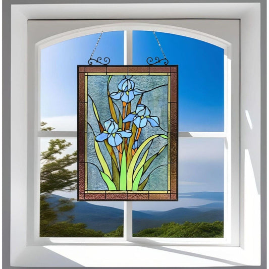 Blue Lily Floral Stained Glass Window Panel Suncatcher - Tiffany Style 18x25in