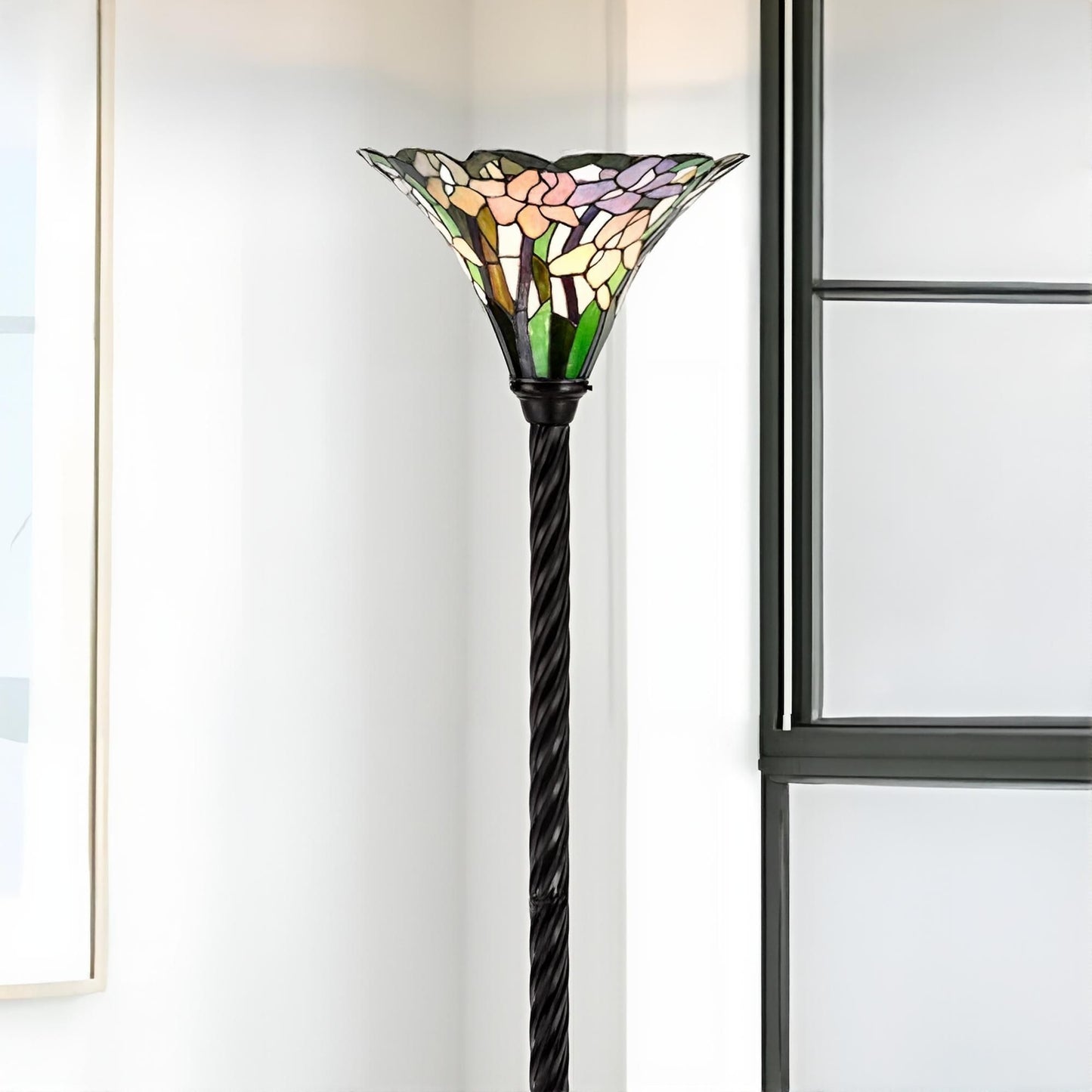 Iris Floral Tiffany Style Stained Glass Torchiere Floor Lamp Barley Twist Base