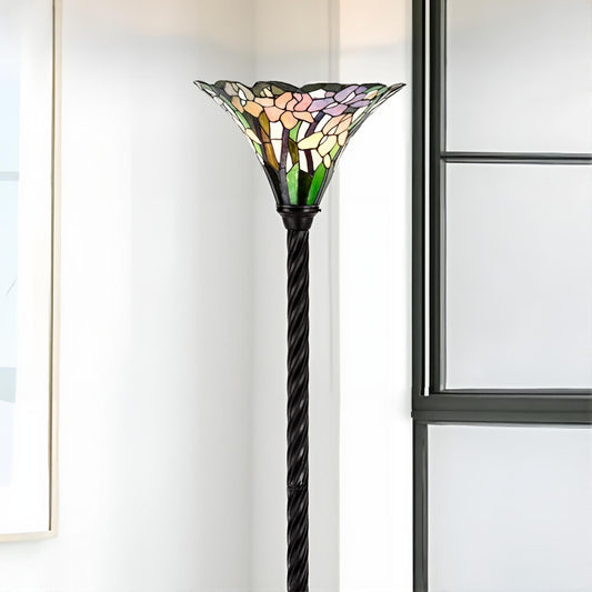 Iris Floral Tiffany Style Stained Glass Torchiere Floor Lamp Barley Twist Base