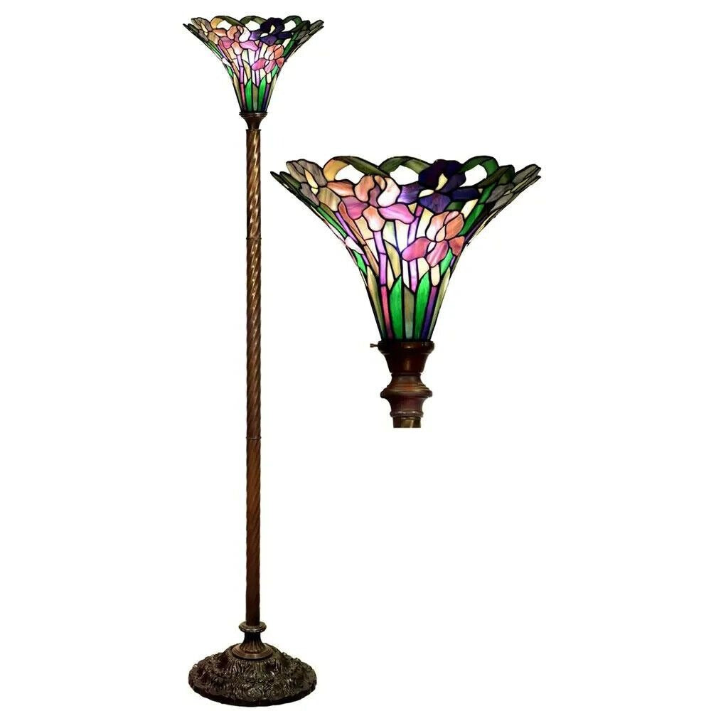 Iris Floral Tiffany Style Stained Glass Torchiere Floor Lamp Barley Twist Base