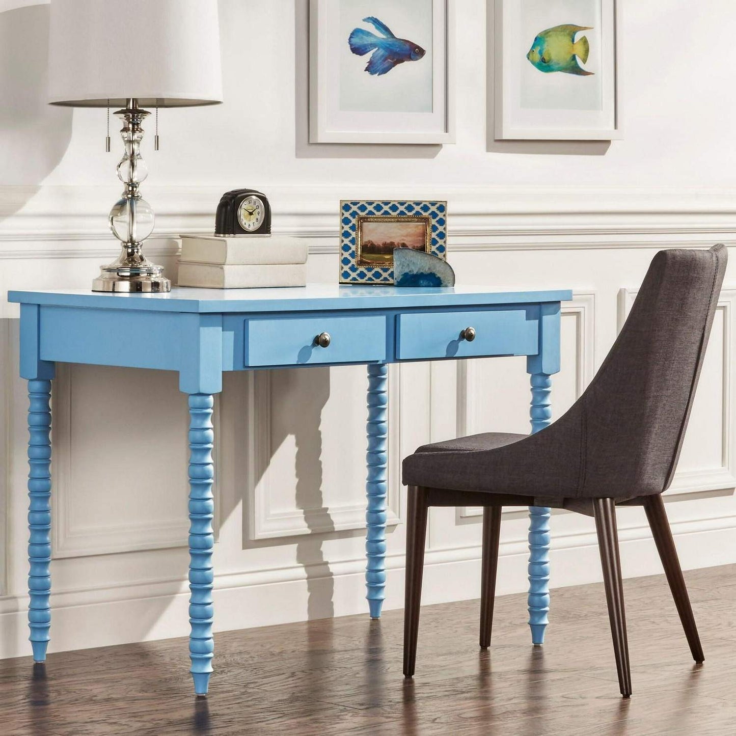 Powder Sky Blue 2 Drawer Minimalistic Office Desk Table with Helix Legs