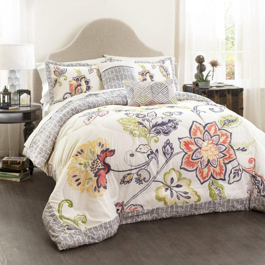 Vibrant Floral 5-Pc Quilted Comforter Set With 2 Decorative Pillows - King Sz