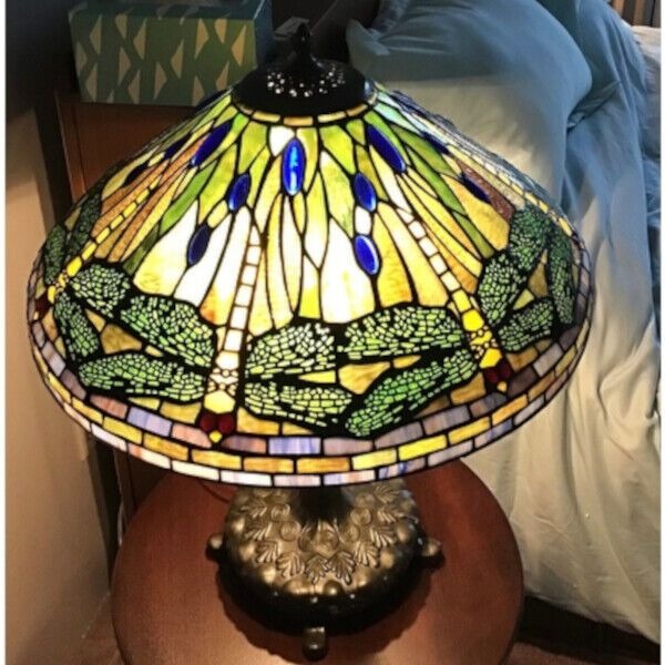 Tiffany Style Green and Yellow Stained Glass Dragonfly Table Accent Reading Lamp