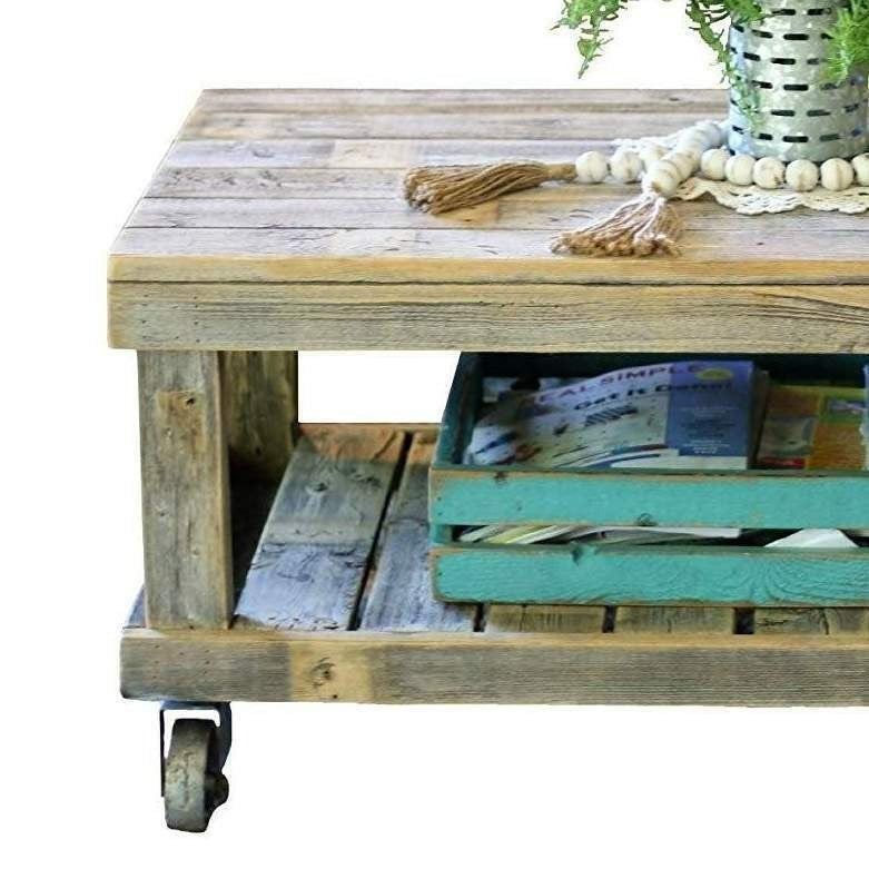 Rustic Natural Barn Wood Finish Accent Coffee Table on Wheels 40x20in