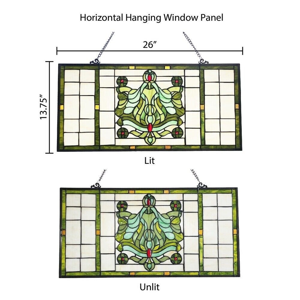 Vintage Victorian Theme Tiffany Style Stained Glass Window Panel -26inLx13.75inH