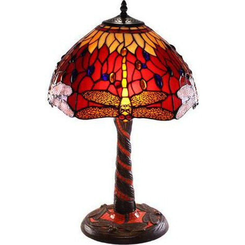 Ruby Red Stained Glass Tiffany Style Dragonfly Theme Accent Table Lamp 22inT