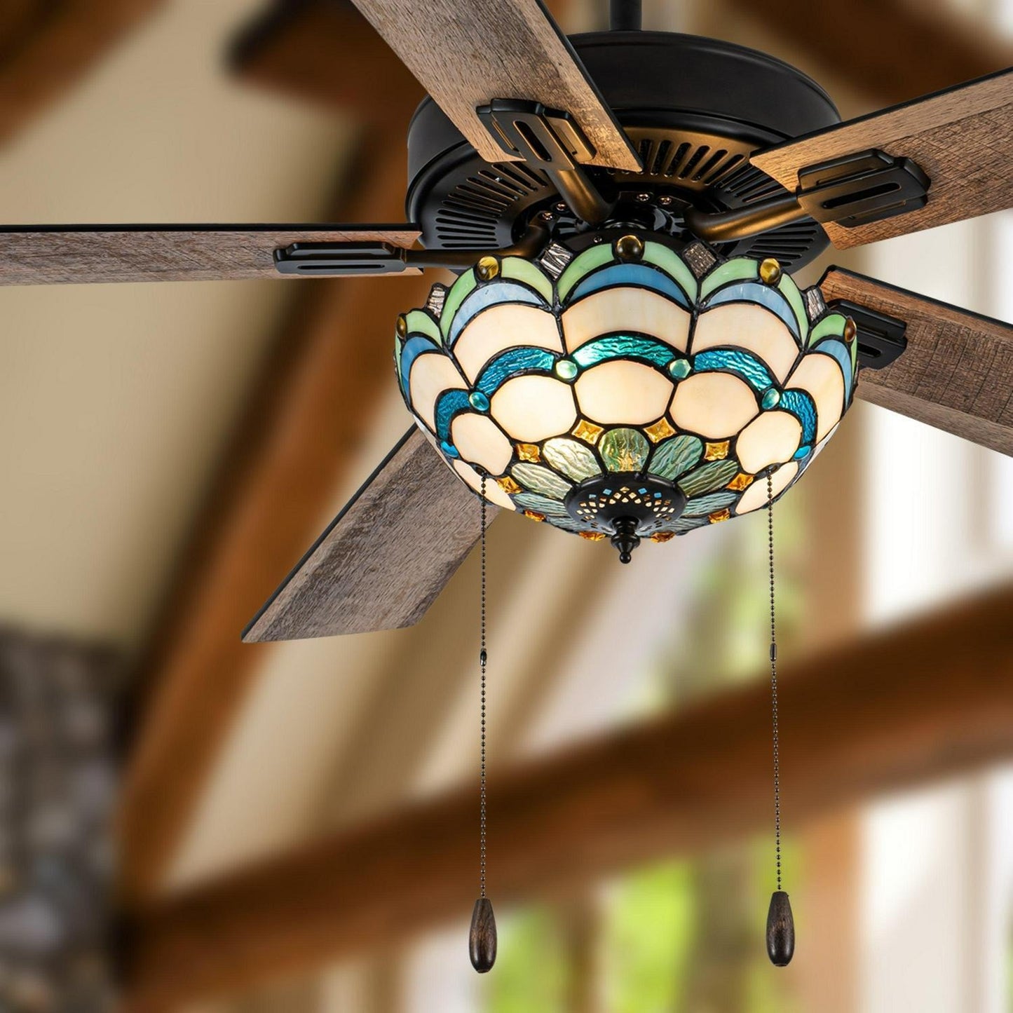 Ceiling Fan Multicolored Oil-Rubbed Bronze and Stained Glass 3-Light 52-Inch