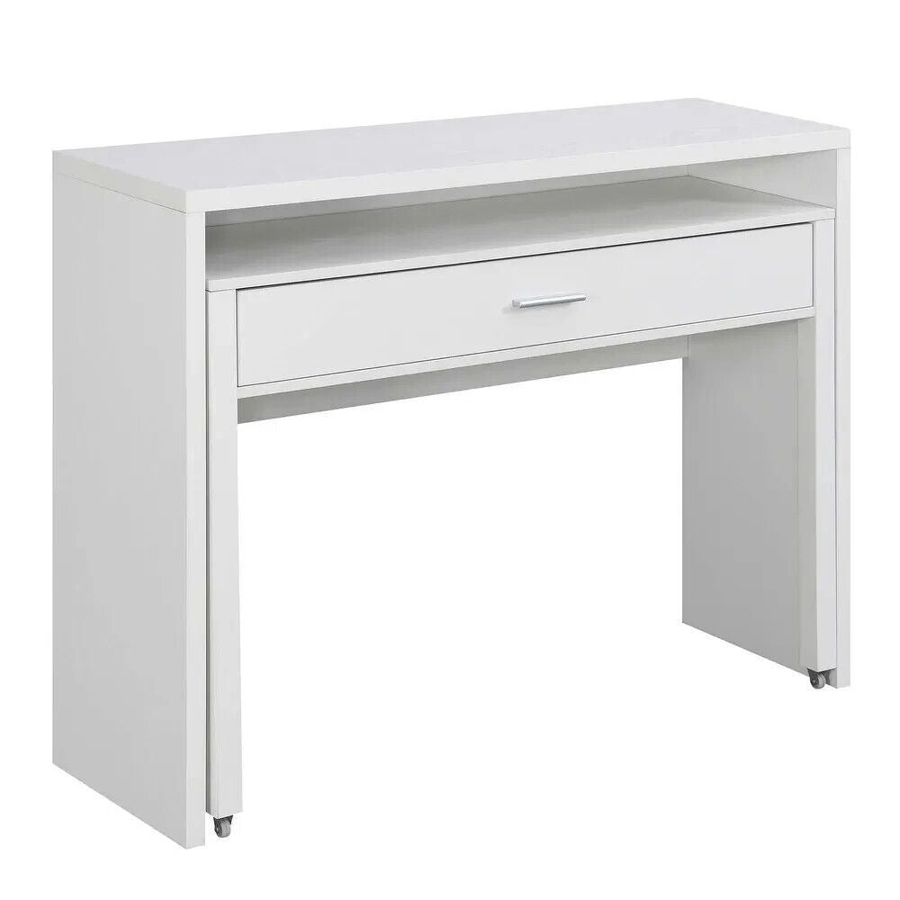 White Finish Expandable Sliding Desk With Console and Drawer Computer Desk