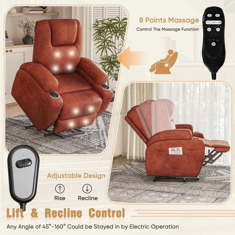 Power Lift Recliner Chair for Elderly with Heat  Massage and Cup Holder - Brown