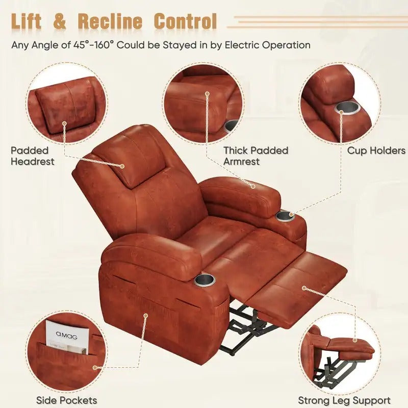 Power Lift Recliner Chair for Elderly with Heat  Massage and Cup Holder - Brown