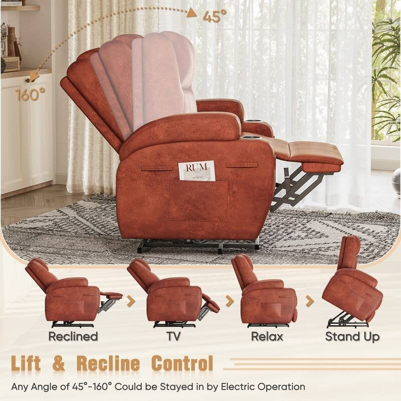 Power Lift Recliner Chair for Elderly with Heat  Massage and Cup Holder - Brown