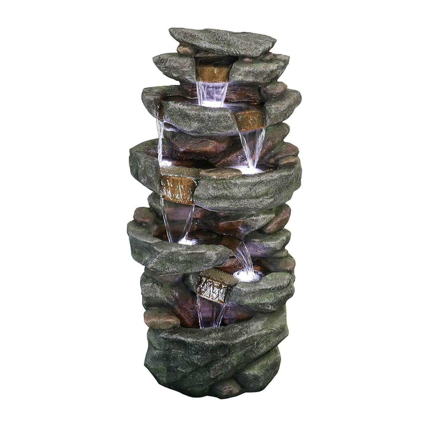 Rock 5-Tier Rock Outdoor Water Fountain: LED Lit, Easy Setup, Durable Polyresin