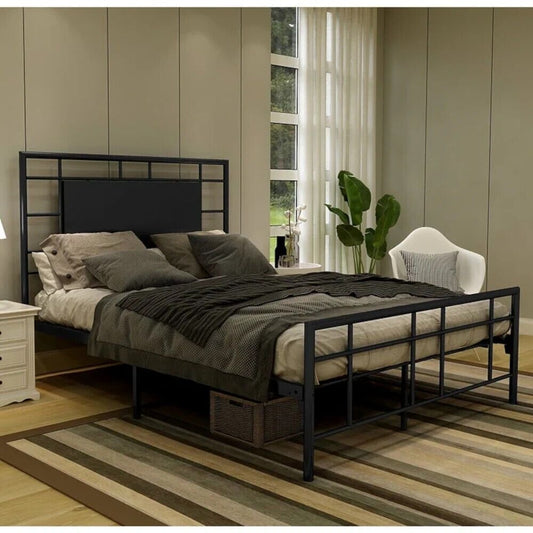 Queen Sz Metal Platform Bed Frame with Padded Headboard & Footboard in Black