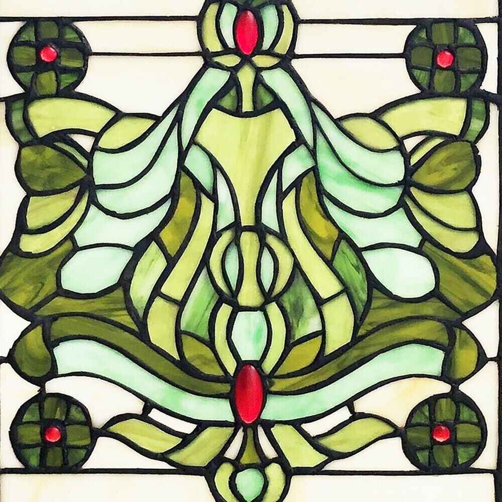 Vintage Victorian Theme Tiffany Style Stained Glass Window Panel -26inLx13.75inH