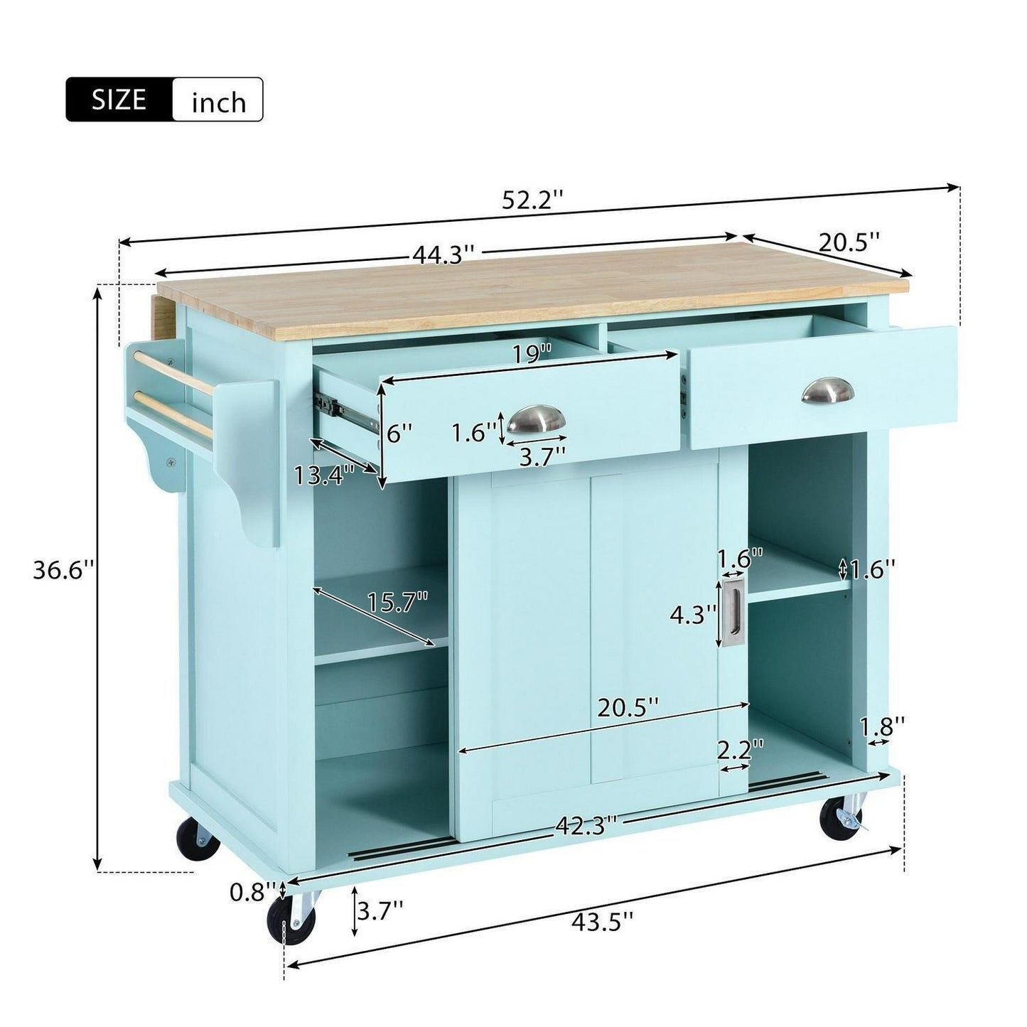 Stylish Drop Leaf Rolling Kitchen Island with Storage - in Mint Green Finish