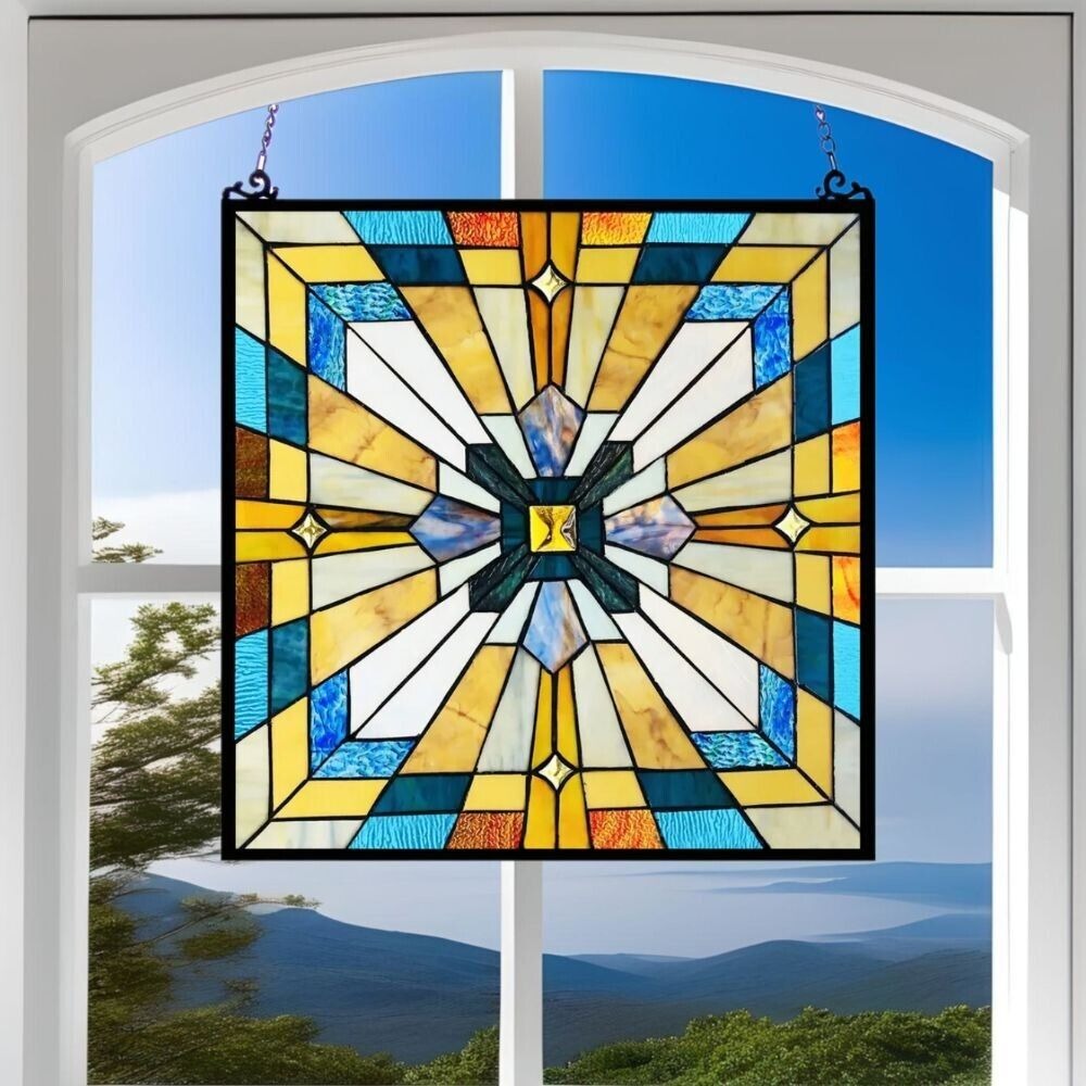 Mission Stained Glass Art Window Panel Suncatcher Multicolor Geometric 20x20in