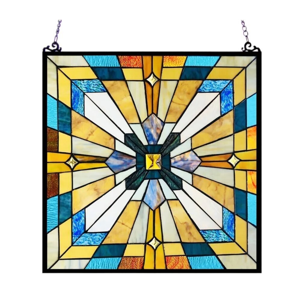 Mission Stained Glass Art Window Panel Suncatcher Multicolor Geometric 20x20in