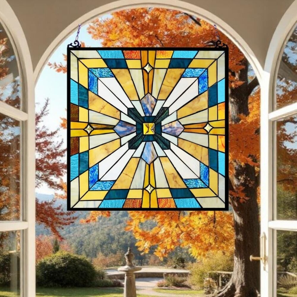 Mission Stained Glass Art Window Panel Suncatcher Multicolor Geometric 20x20in