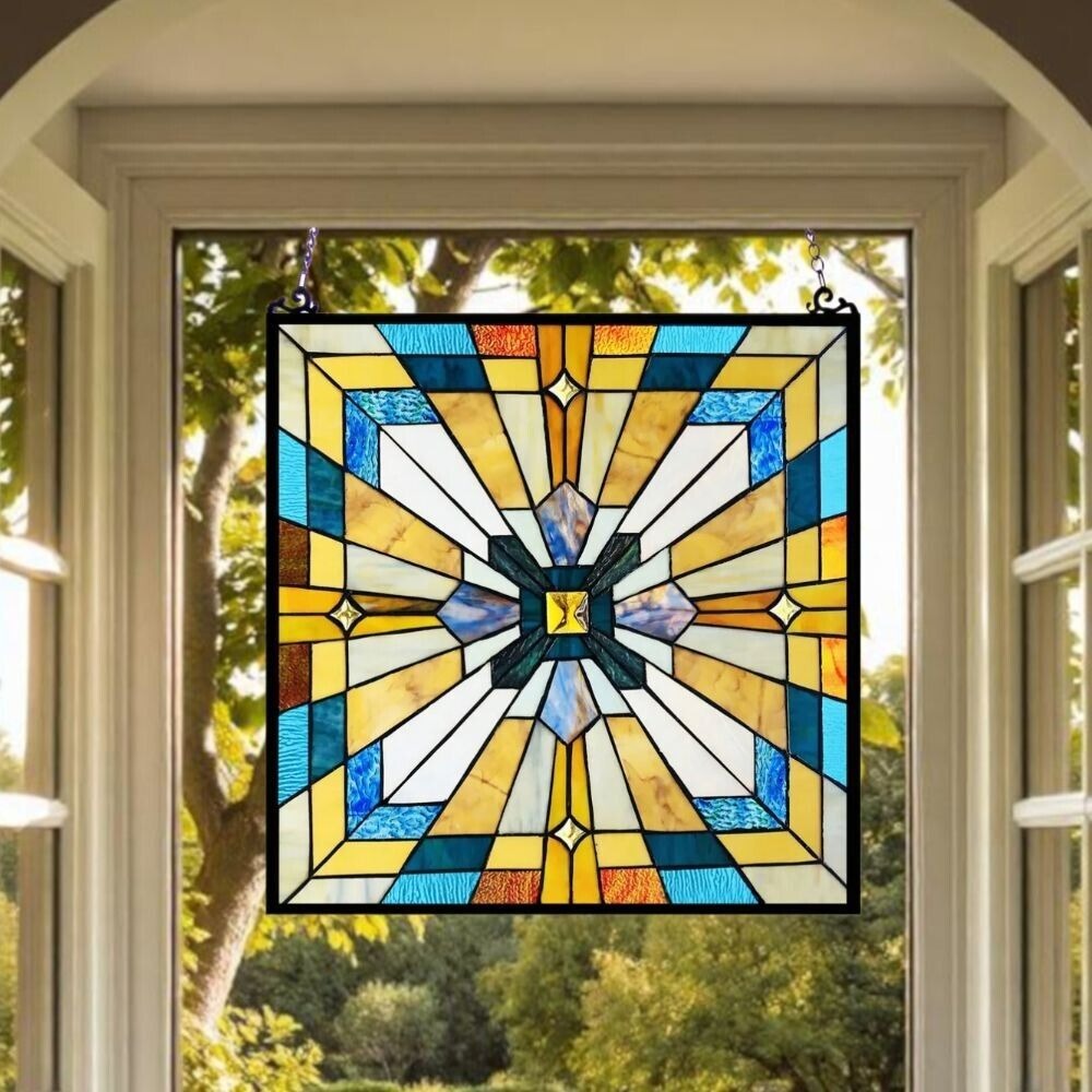 Mission Stained Glass Art Window Panel Suncatcher Multicolor Geometric 20x20in