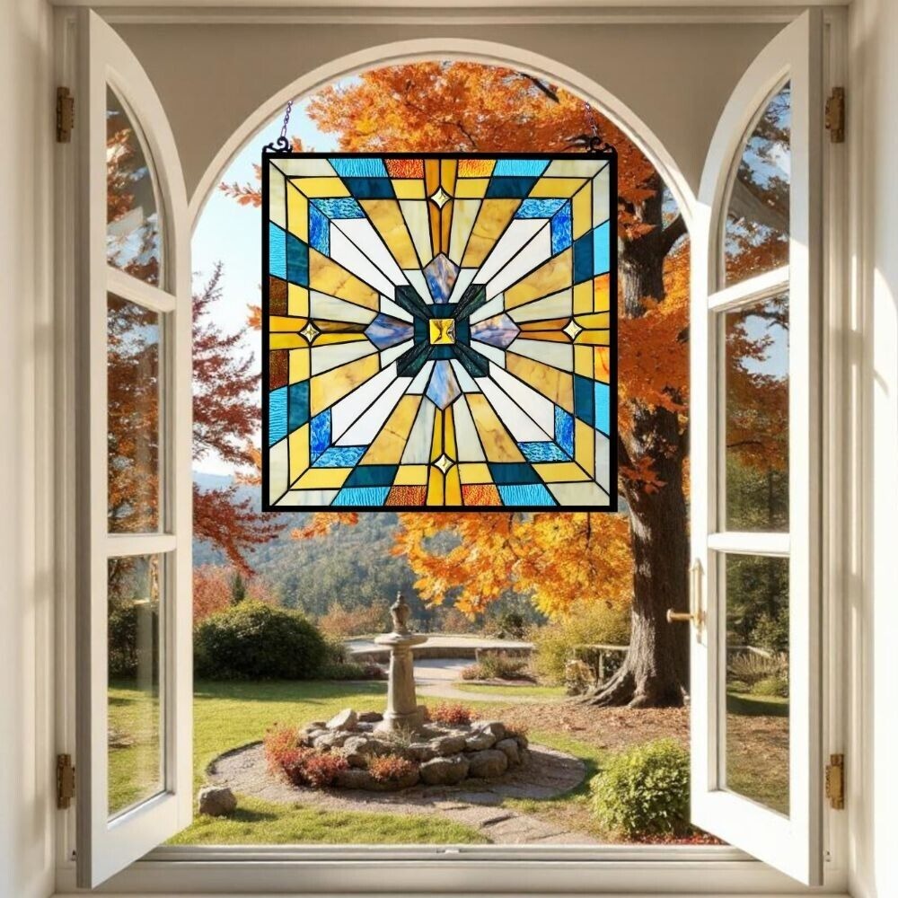 Mission Stained Glass Art Window Panel Suncatcher Multicolor Geometric 20x20in