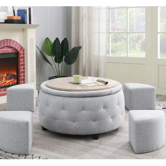 Round Rolling Storage Ottoman Cocktail Set with 4 Ottomans in Light Grey