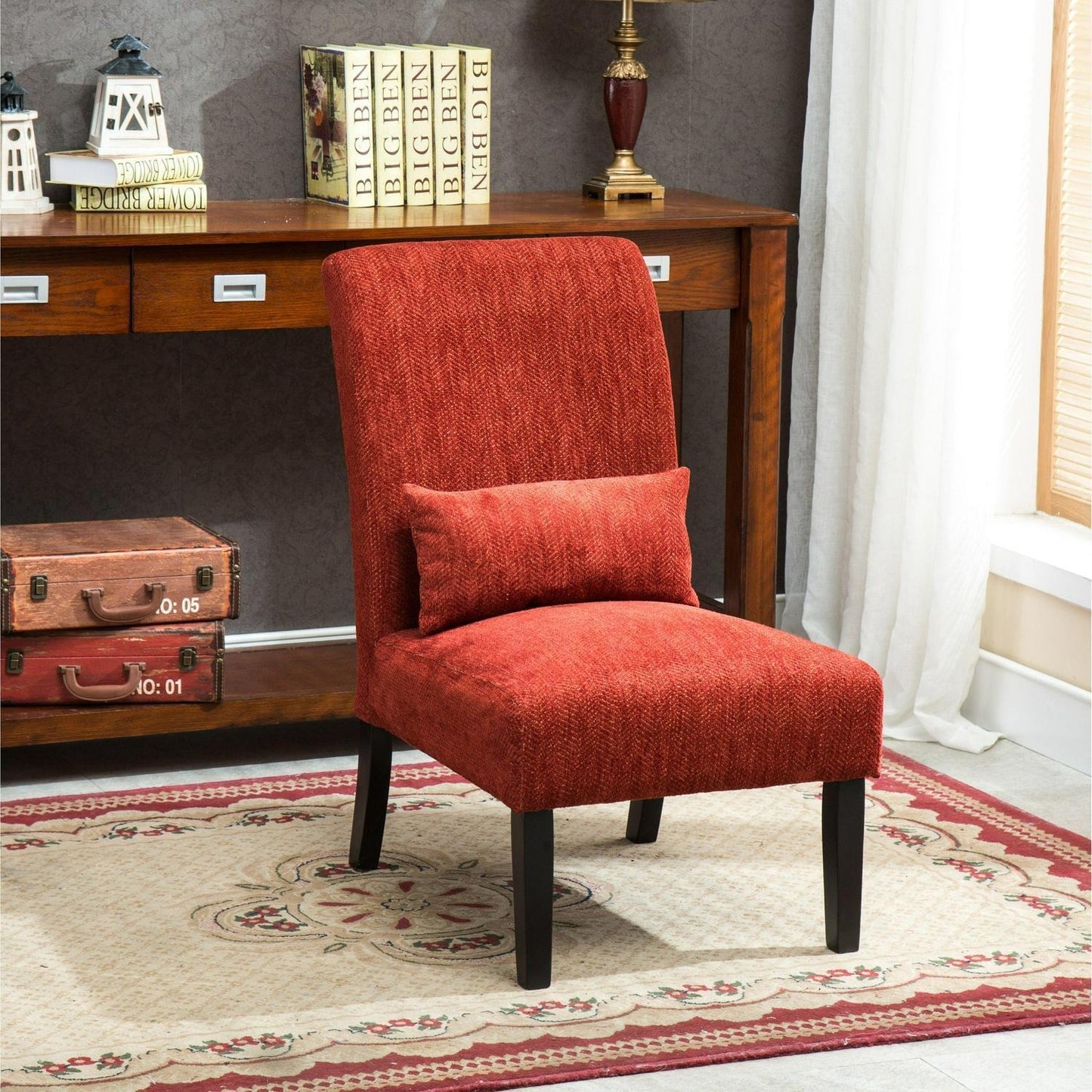 Red Chenille Fabric Accent Chair w/Matching Pillow - Livingroom, Bedroom