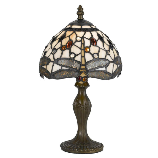 Ivory Tiffany Inspired Style Stained Glass Dragonfly Table Accent Lamp 14in