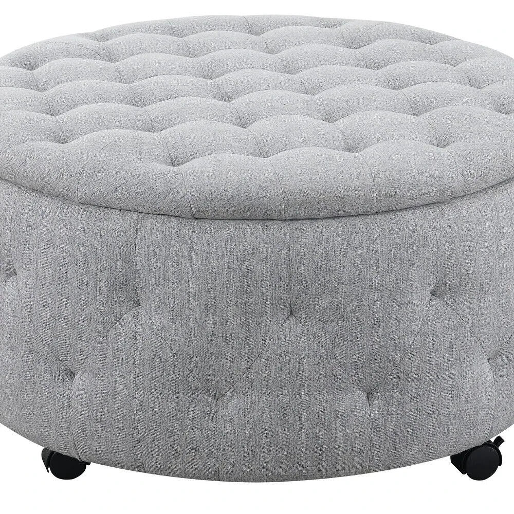 Round Rolling Storage Ottoman Cocktail Set with 4 Ottomans in Light Grey