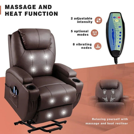 Power Lift Recliner Chair for Elderly with Heat  Massage and Cup Holder - Brown