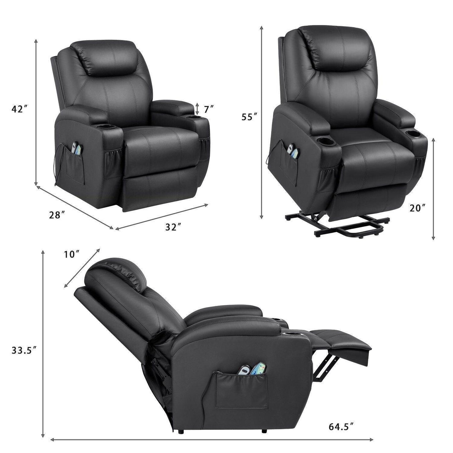 Power Lift Recliner Chair for Elderly with Heat / Massage and Cup Holder - Black