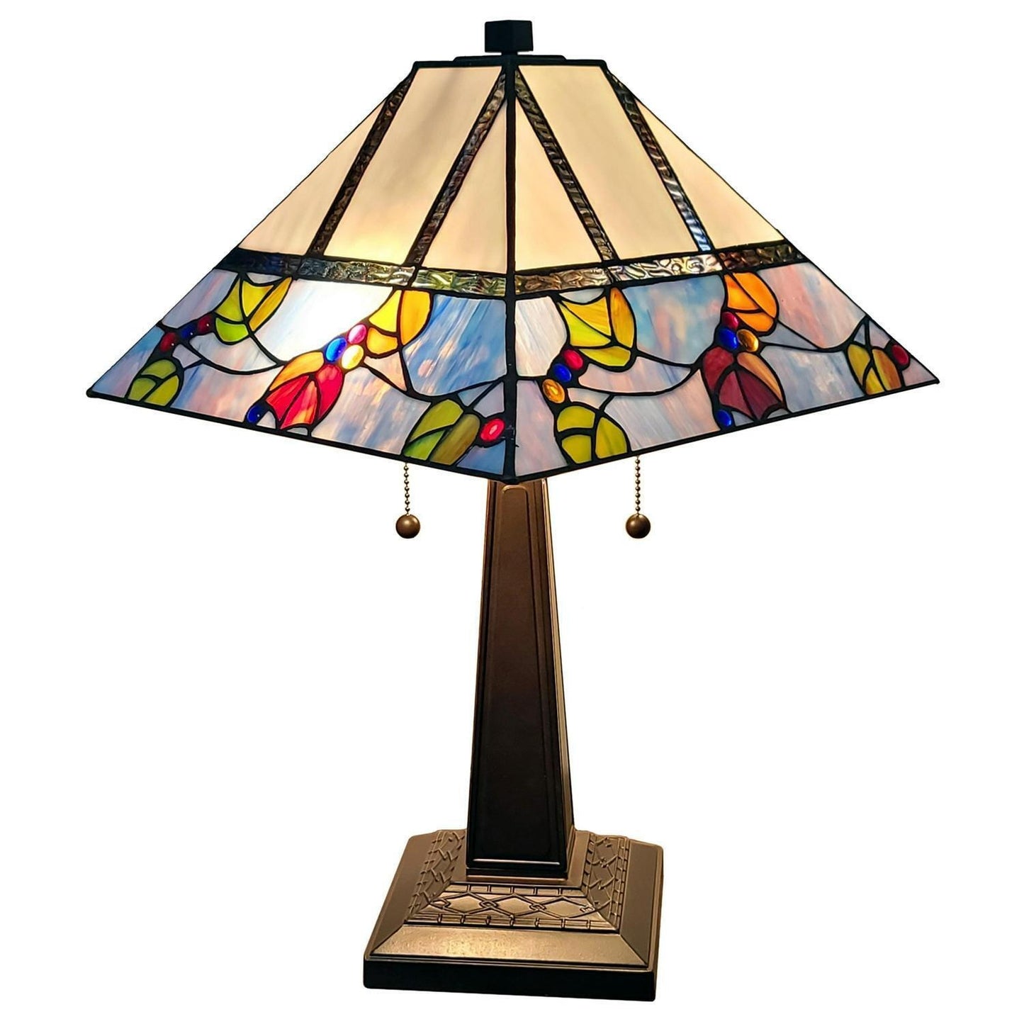 Mission Style Stained Glass Table Lamp Berries and Leaves Theme 22in Tall