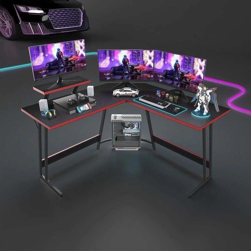 Style & Function: Black w/ Red Trim Finish L-Shaped Corner Computer Gaming Desk