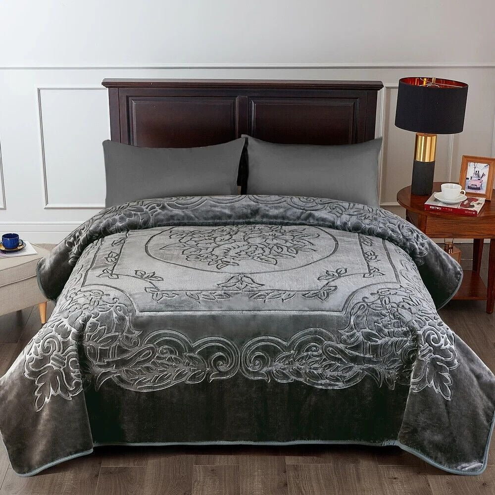 Luxurious Oversized Floral Embossed Bed Blanket/Cover in Light Grey