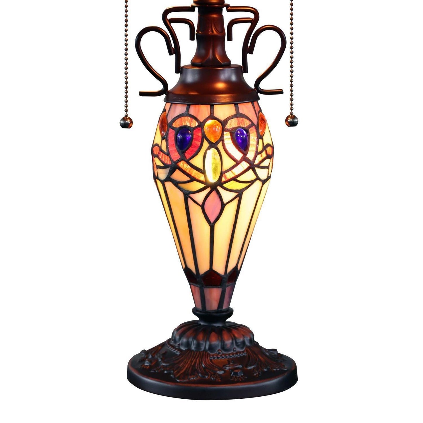 Red and Amber Tiffany Inspired Victorian Stained Glass Table Lamp w/ Lit Base